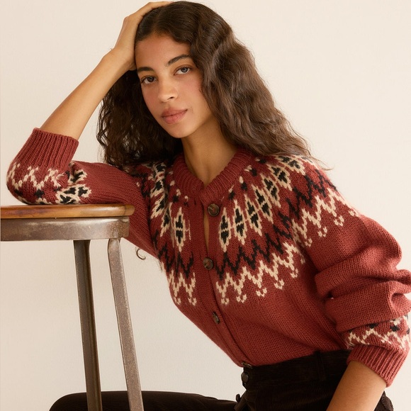 NWT Doen Heirloom Clarke Cardigan Burgundy Olympia Fair Isle XL - Picture 2 of 3